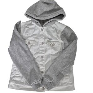 Ashley Vintage Charm Denim Jacket Womens Med White Distressed Hooded‎ Button Up